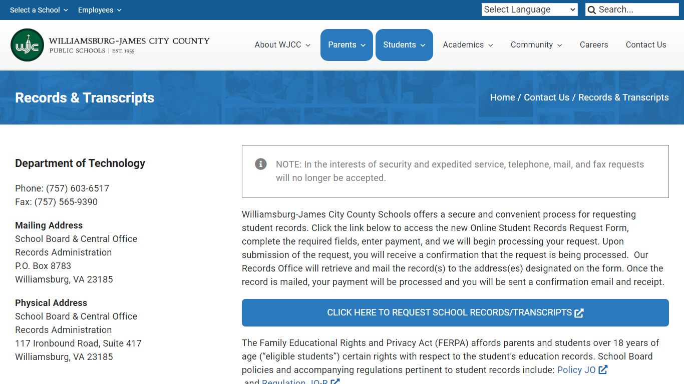 Records & Transcripts - Williamsburg-James City County Public Schools
